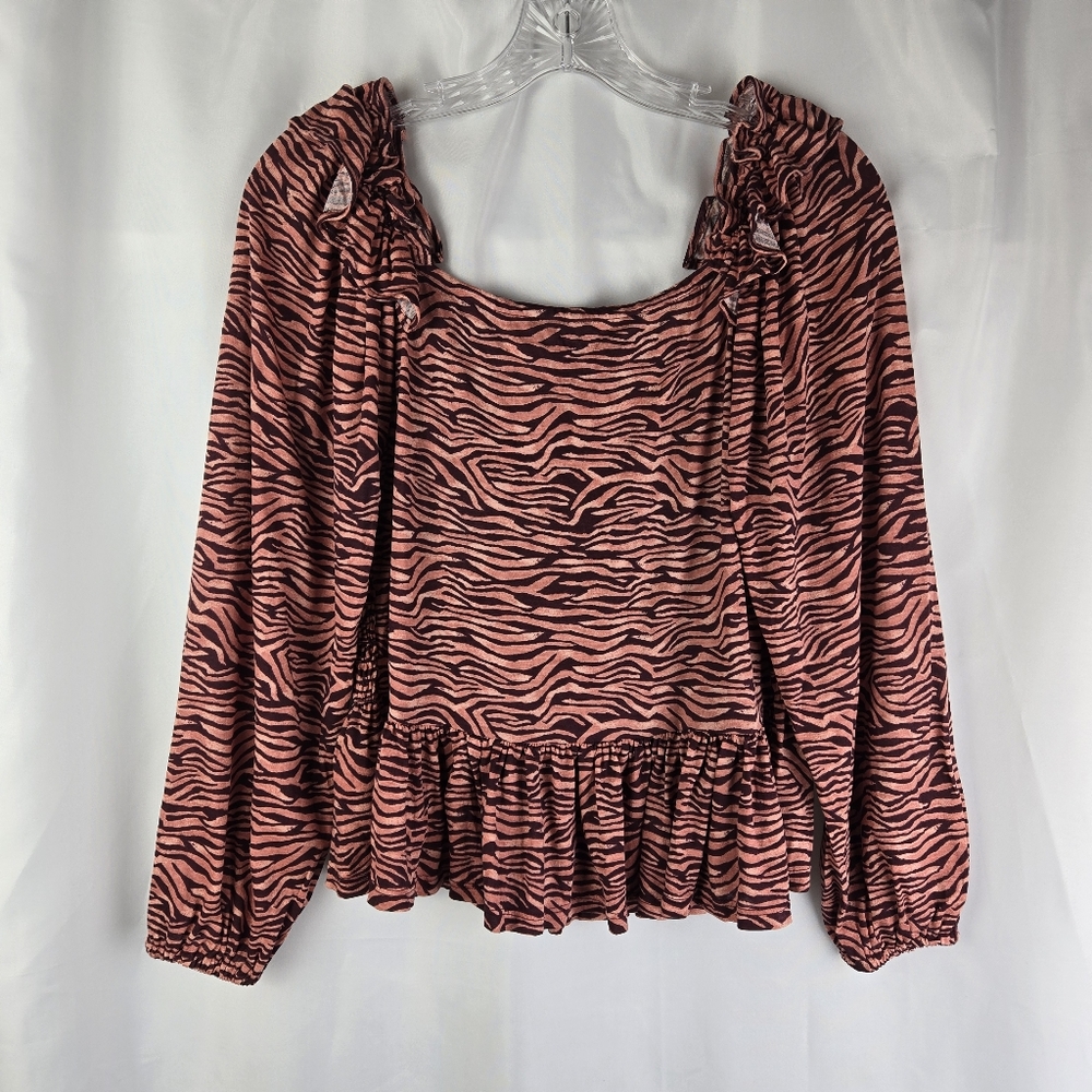 LOFT Zebra Tiger Print Smocked Long Balloon Sleeve Ruffle Peplum Top Size Medium
